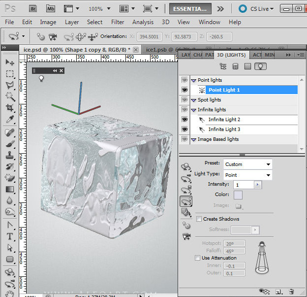 Ice cube 3D photoshop tools tutorial. 3D scene ice cube and cherry inside, ice txture effect in photoshop, ice reflection, 3D rendering, 3D light effects, realistic ice effectt, winterphotoshop  ideas